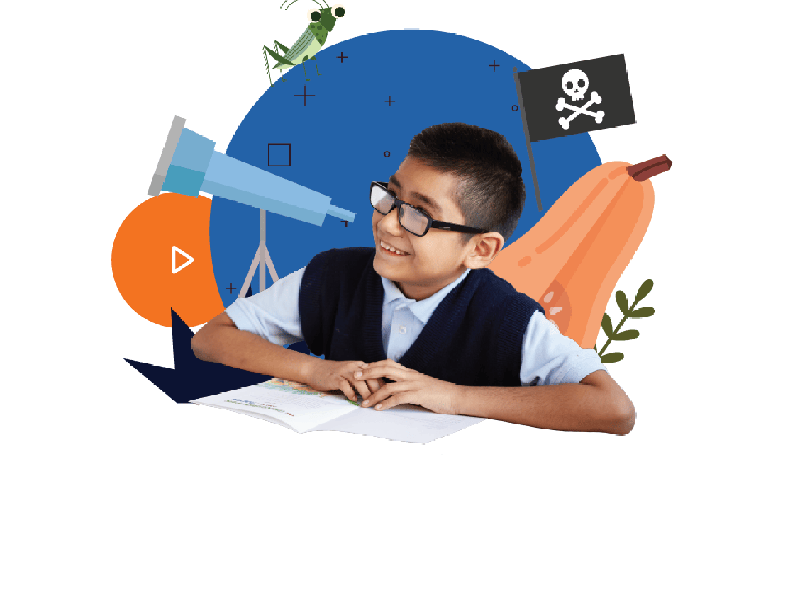 A boy in glasses engaged in early literacy by reading a book, with imaginative icons like a telescope, pirate hat, and play button around him.