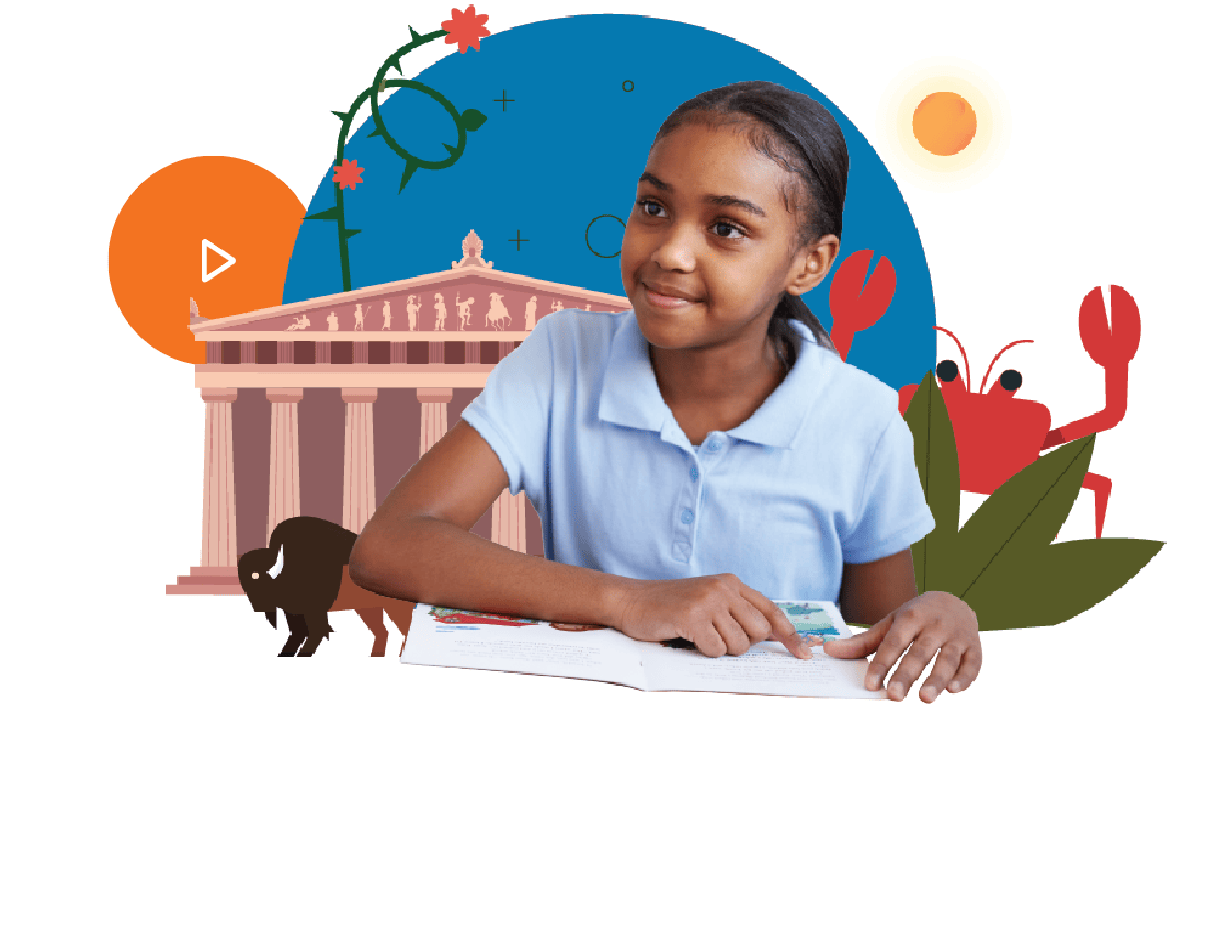 Young girl studying a science of reading curriculum with illustrations of animals, plants, and historical buildings around her, symbolizing diverse learning topics.