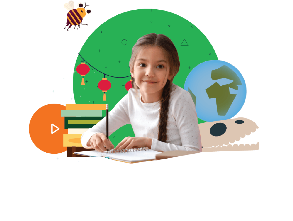Young girl writing in a notebook with educational icons like books, a globe, and recycling symbol around her, participating in a reading program in a colorful, playful setting.