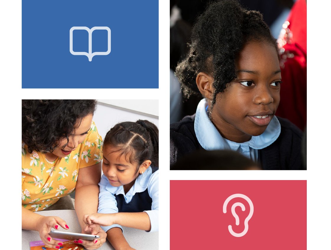 Collage with four images: an open book icon on blue symbolizing a science of reading curriculum, a young black girl listening, an adult and child engaged with a smartphone, and a stylized ear