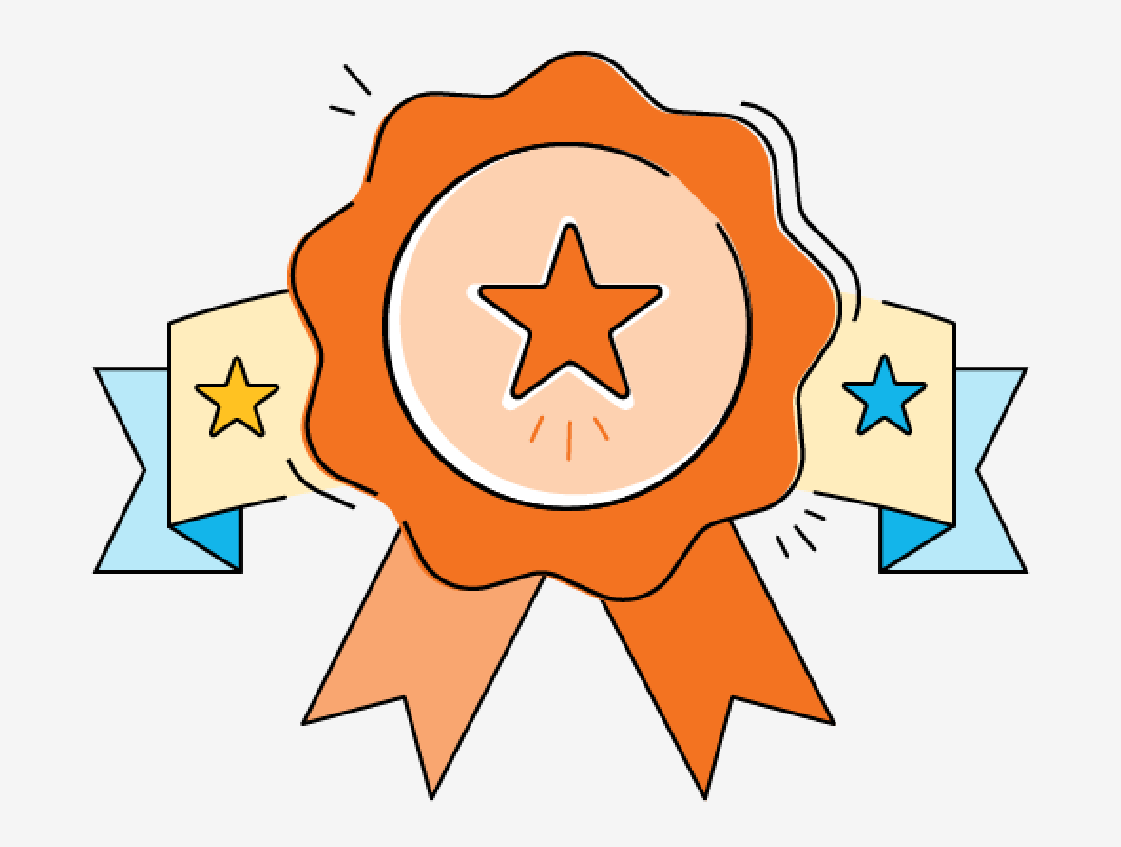 An illustration of an orange award ribbon featuring a central star, flanked by two blue banners each adorned with a yellow and blue star, symbolizing early literacy achievements.
