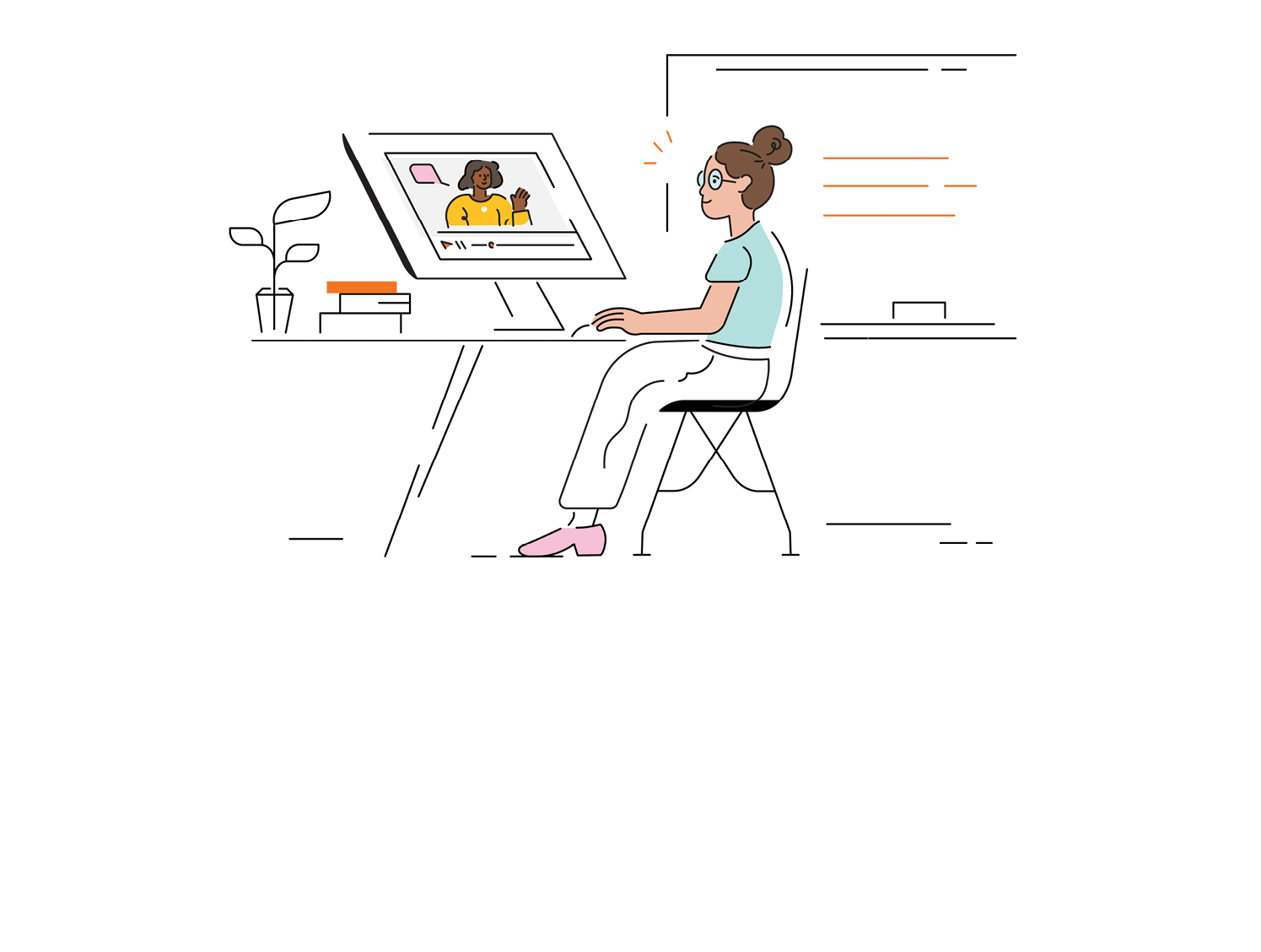 A woman sitting at a desk, working on a computer with an image of a family displayed on the screen, in a minimalist style office, exploring Amplify Science success stories.