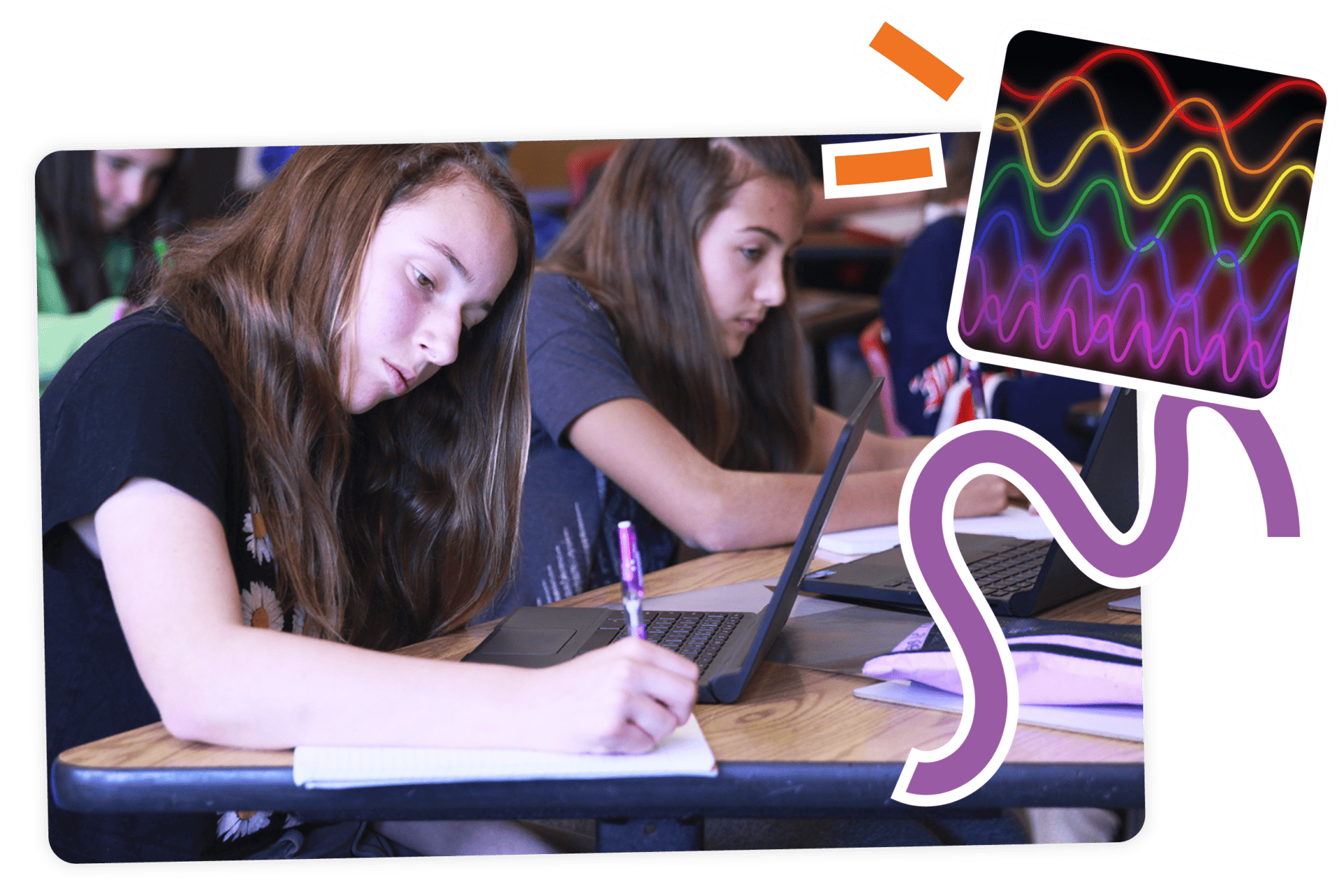 Two students using laptops in a classroom with an illustration of colorful brain waves overlaid on the right side, exploring NGSS science and engineering practices.