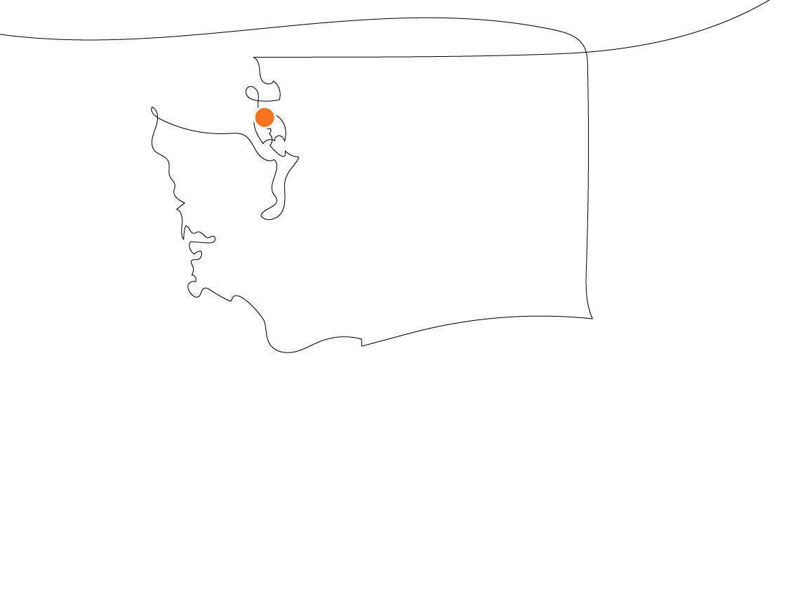 Outline map of Washington State with an orange marker on Seattle, showcasing early literacy landmarks.