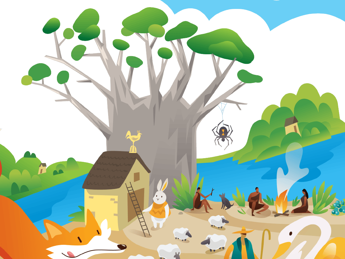 Illustration of animals around a large tree with a house, featuring a fox, rabbit, deer, and other animals in various activities by a river.