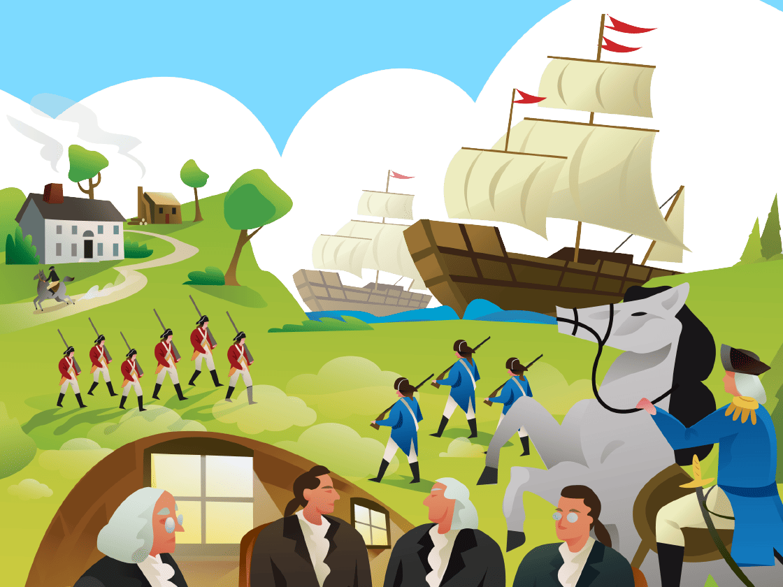 Illustration of a historical scene with colonial soldiers marching, sailing ships, figures on horseback, and founding fathers in discussion.