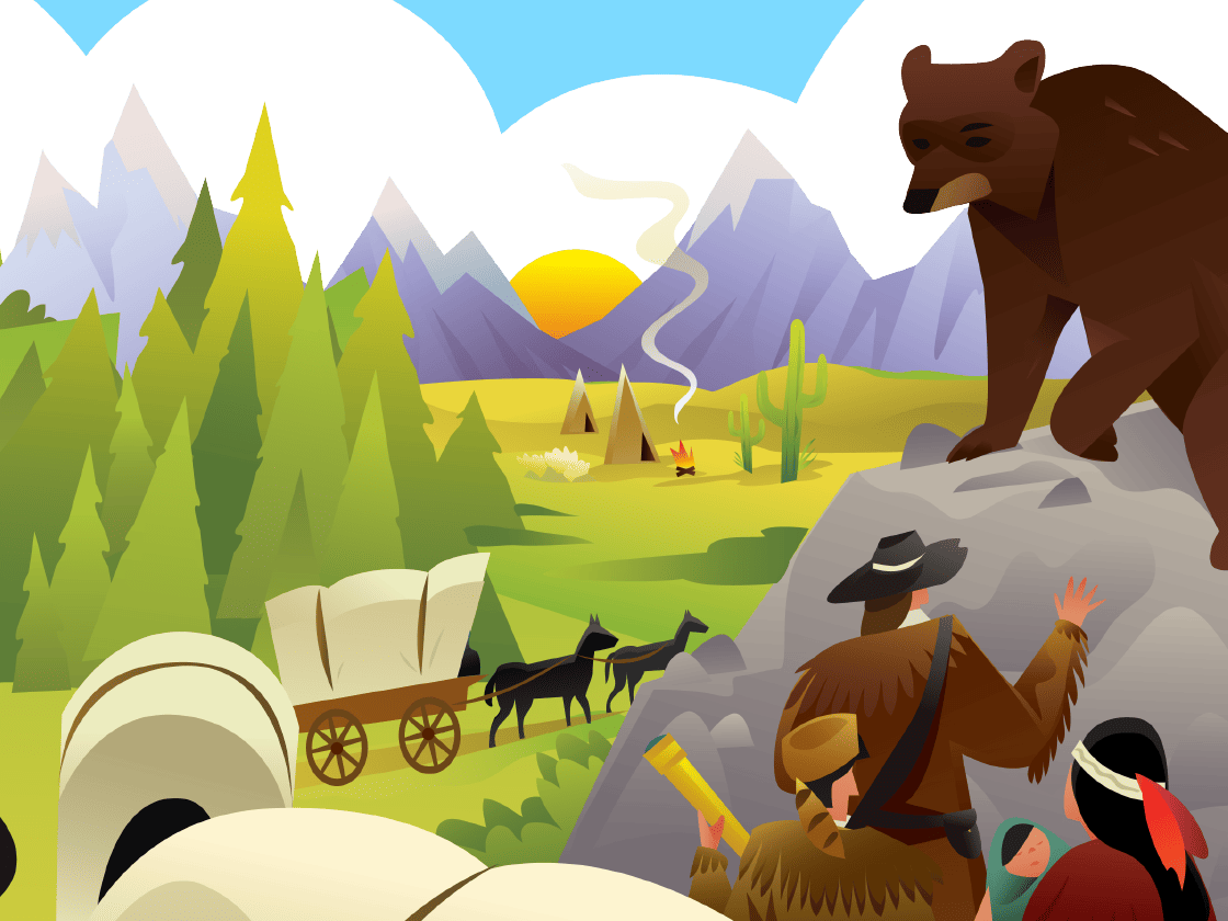 Illustration of a frontier scene with pioneers, covered wagons, and a bear overlooking a mountainous landscape at sunrise.