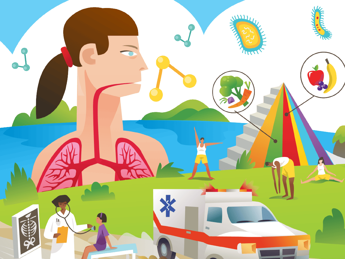 Illustration depicting various health and environmental themes, with a central human figure surrounded by elements like trees, microbes, and healthcare activities.