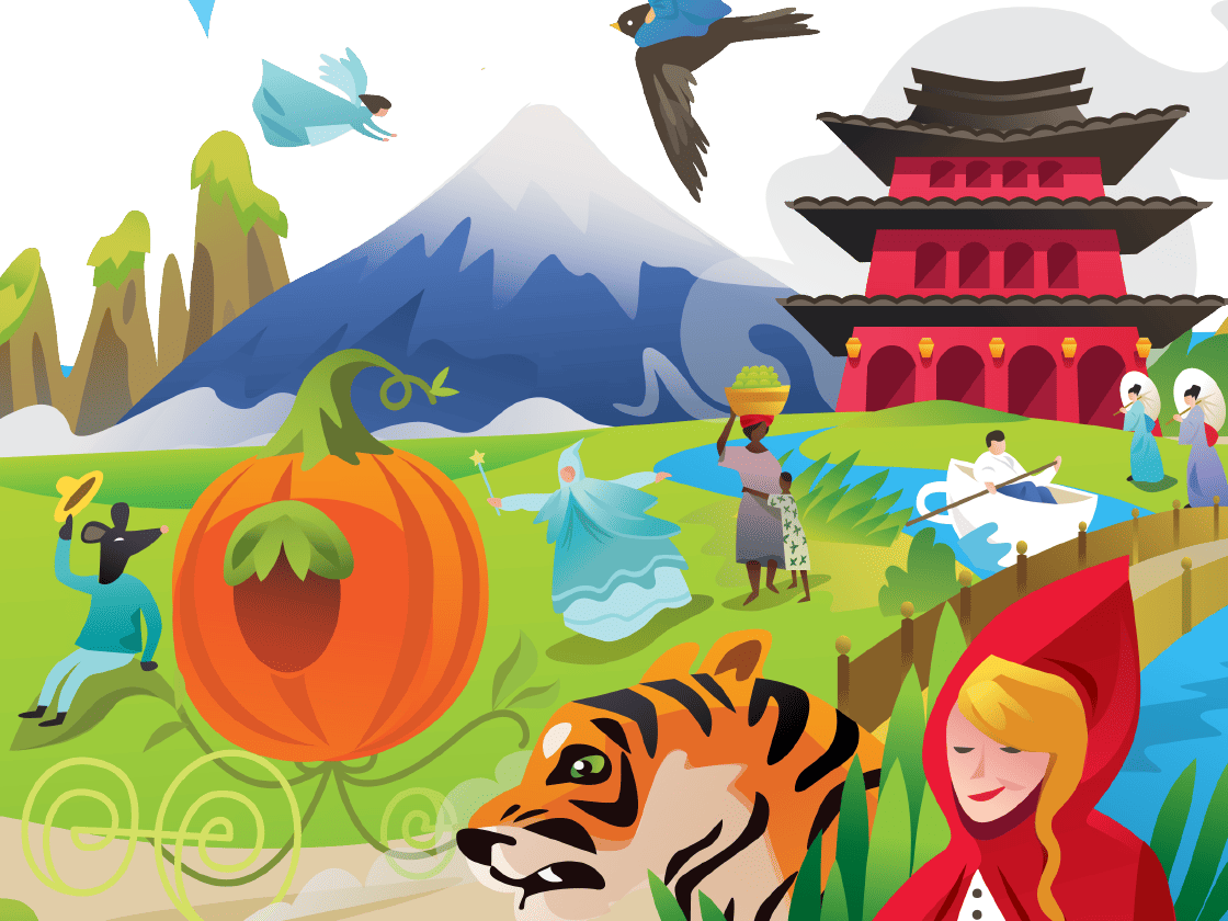 Illustration featuring diverse cultural and natural elements, including a tiger, mount fuji, a pagoda, and people in traditional attire performing various activities.