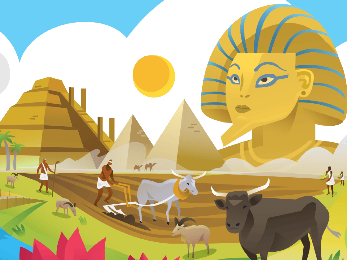 Colorful illustration of ancient egypt with pyramids, the sphinx, people farming, and animals grazing under a sunny sky.