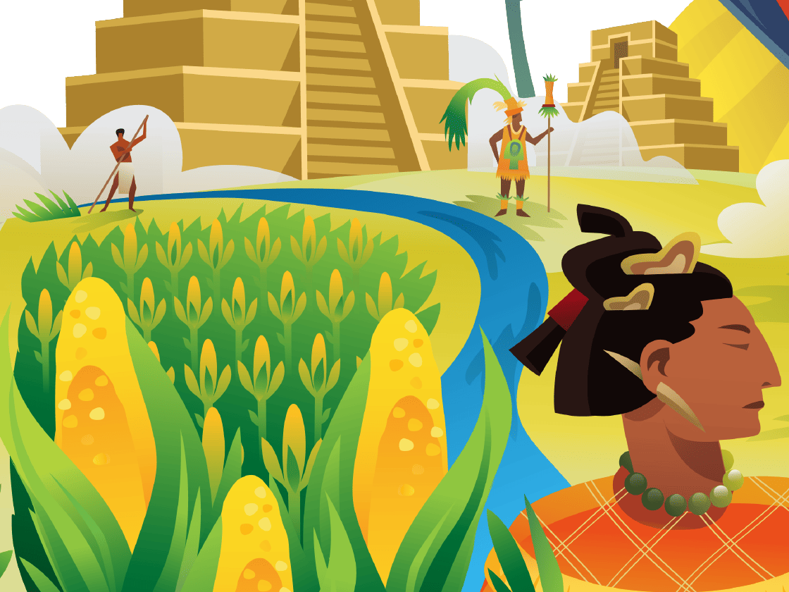 Illustration of ancient maya civilization with figures by pyramids and a river, lush cornfields in the foreground, and a close-up of a maya person.