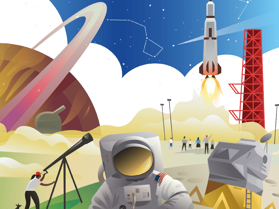 Illustration of a busy space exploration scene with an astronaut in the foreground, a launching rocket, planets, stars, and people observing through a telescope.