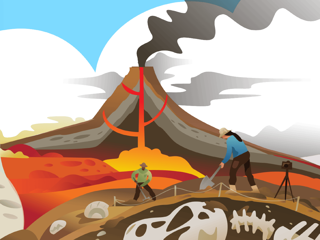 Illustration of two archaeologists uncovering dinosaur fossils near an active volcano with lava flowing.
