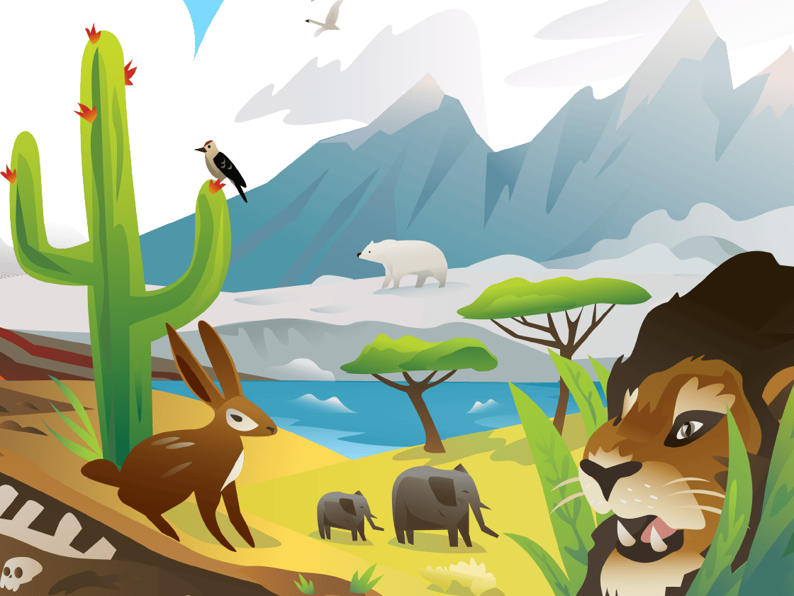 Illustrated scene with diverse ecosystems; featuring a lion, polar bear, rabbit, birds, cactus, and mountains.