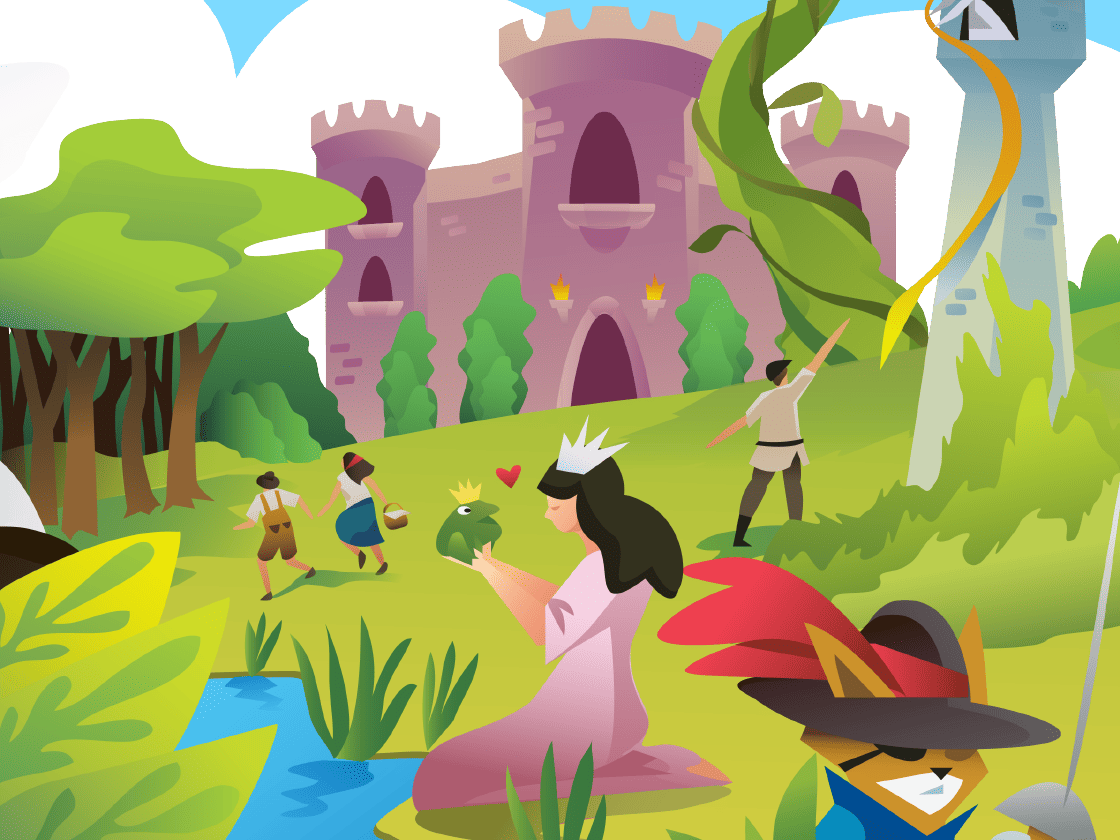 Illustration of a fairy tale scene with a princess, a knight, and other characters near a castle, surrounded by a lush forest and a small pond.