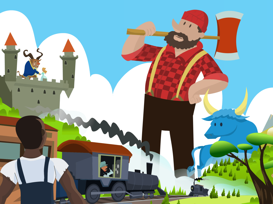 A cartoon image featuring a giant lumberjack with a train and a blue ox in the foreground, and a castle with a princess and knight in the background.