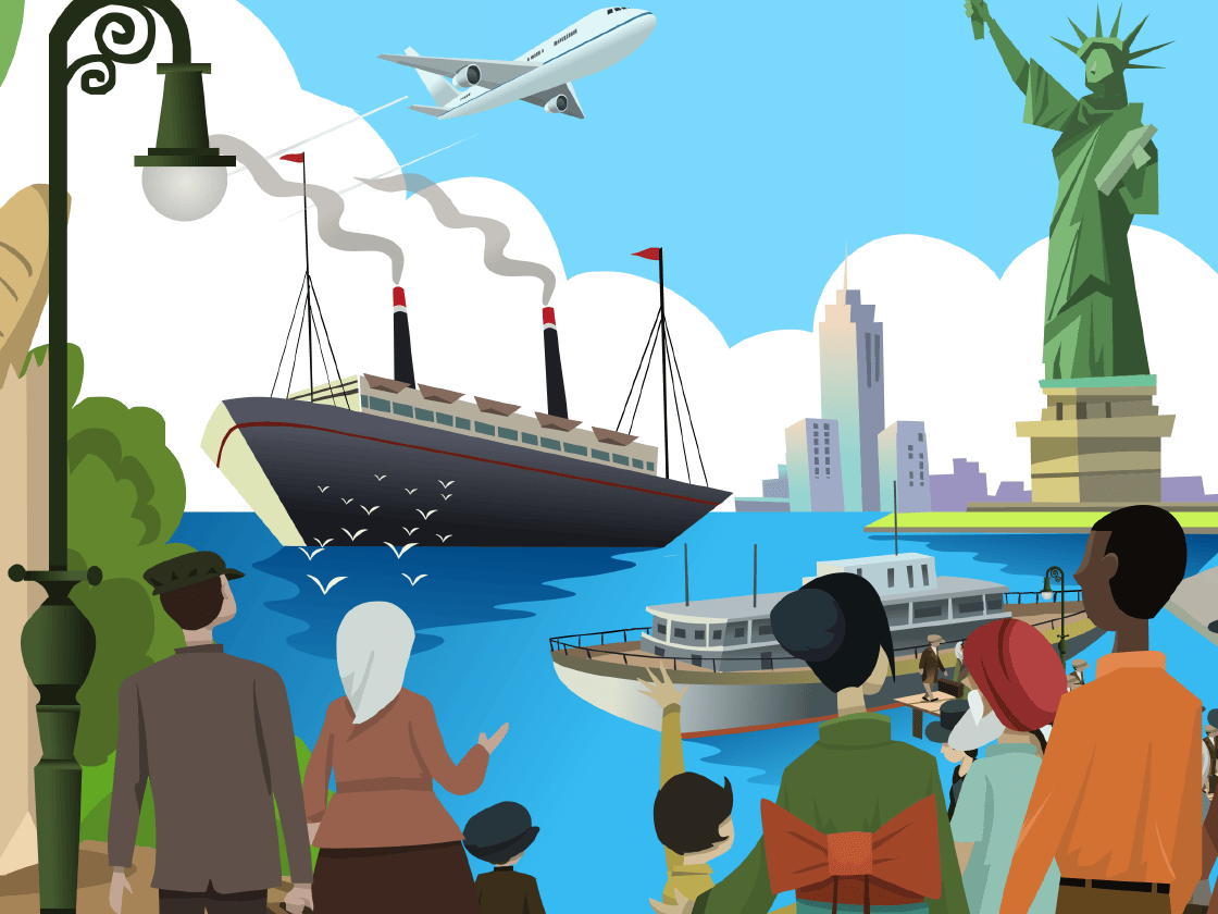 Illustration of diverse tourists watching ships in a harbor with the statue of liberty and new york city skyline in the background, plus an airplane flying overhead.