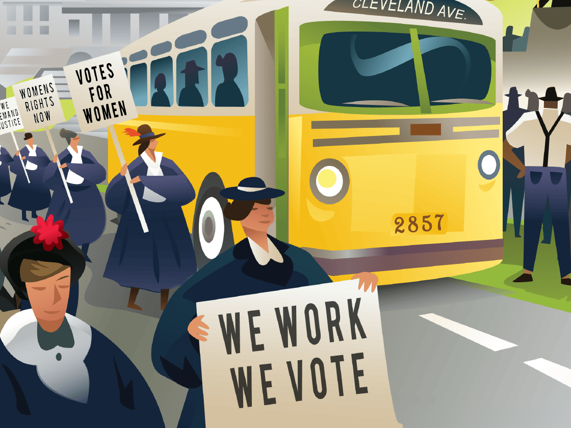Illustration of a women's suffrage parade with participants holding signs, including 
