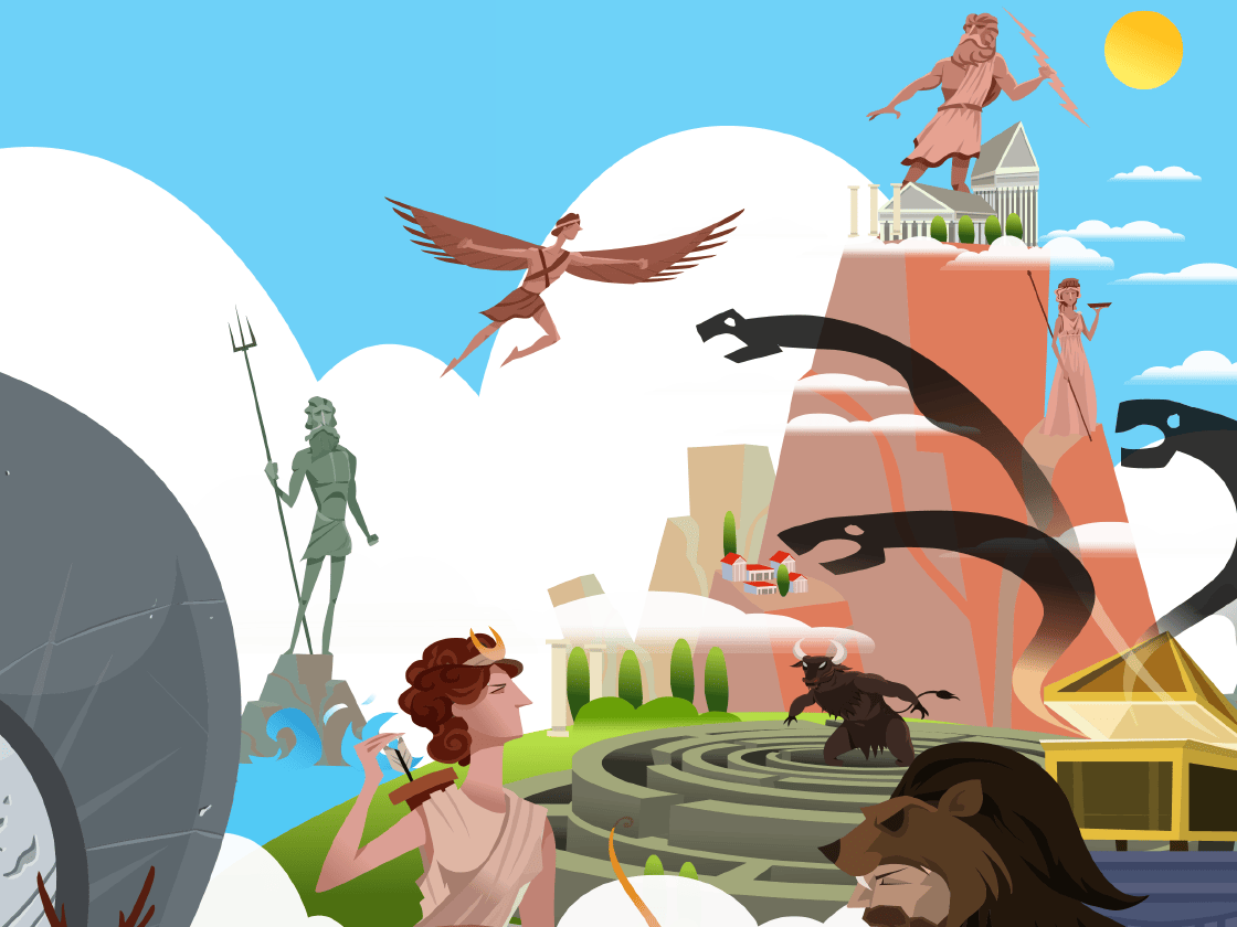 Illustration of various mythological scenes including greek gods, a flying horse, and roman architecture under a sunny sky.