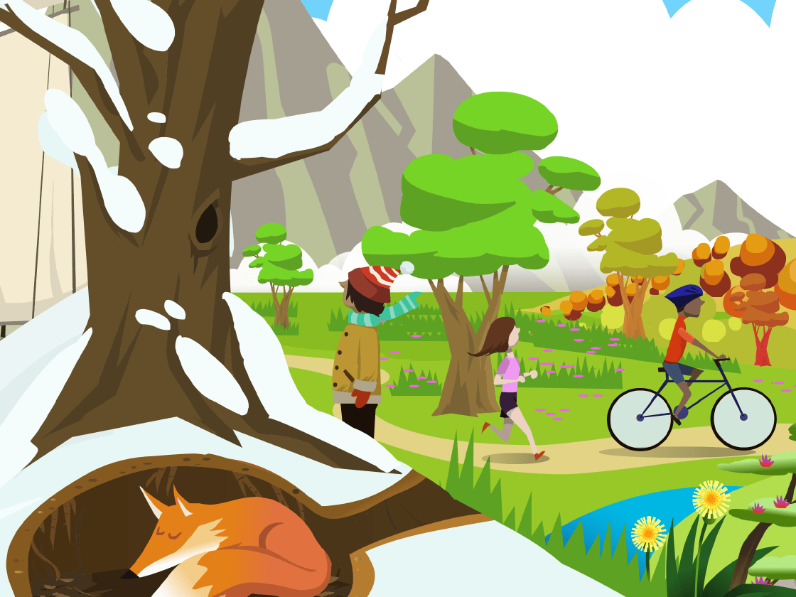 Illustration of a diverse group of people enjoying a park in autumn, with trees, a creek, and a sleeping fox.