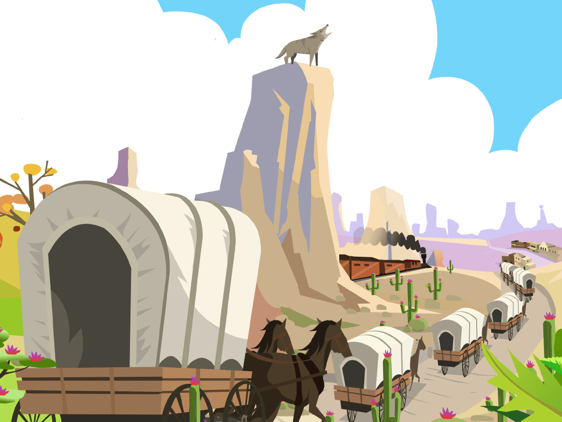 A covered wagon led by horses in a desert landscape with rock formations and a wolf on top of a tall rock.
