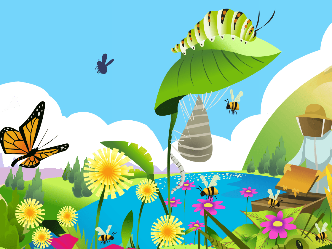 Colorful illustration of a vibrant garden scene with a caterpillar on a leaf, butterflies, daisies, a pond, and a beekeeper in the background.