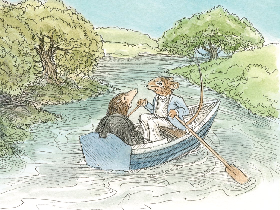Two anthropomorphic animals, one resembling a mole and the other a rat, are conversing in a small rowboat on a serene river surrounded by lush greenery.