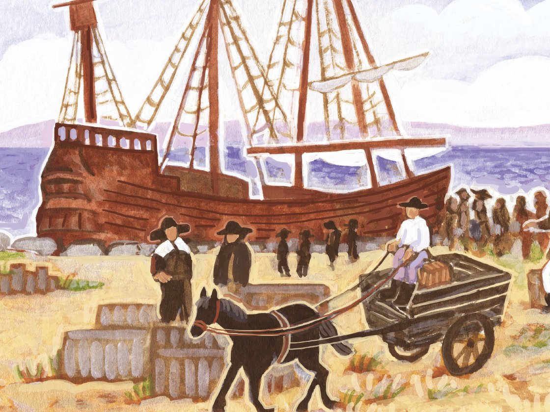 An illustration of a historical scene showing a group of people gathered by the shore near a large wooden ship, with a horse-drawn cart loaded with cargo in the foreground.