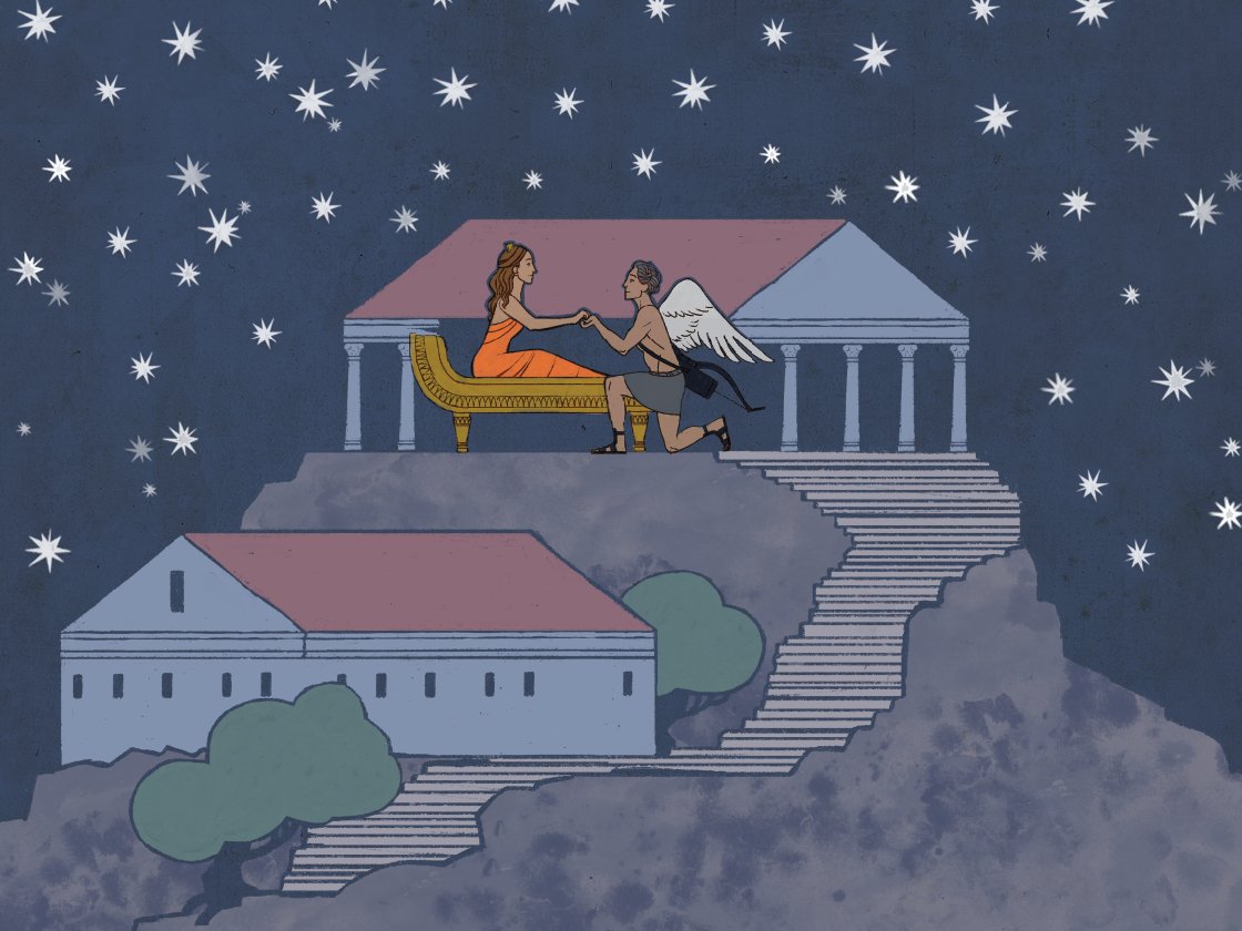 Illustration of a woman and a winged child sitting on a classical greek temple roof under a starry sky, with buildings and trees below.