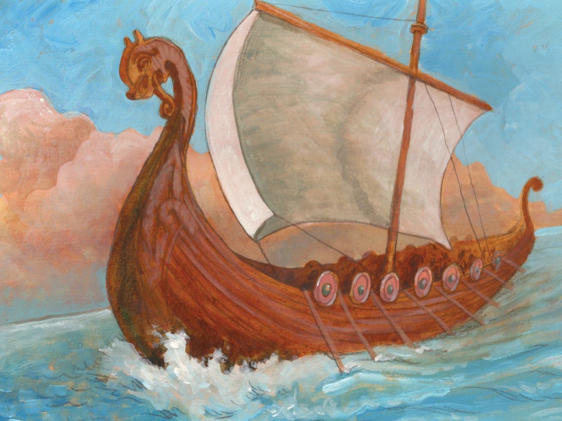 Illustration of a viking longship with a dragon head prow and a single sail, navigating through blue ocean waters under a cloudy sky.