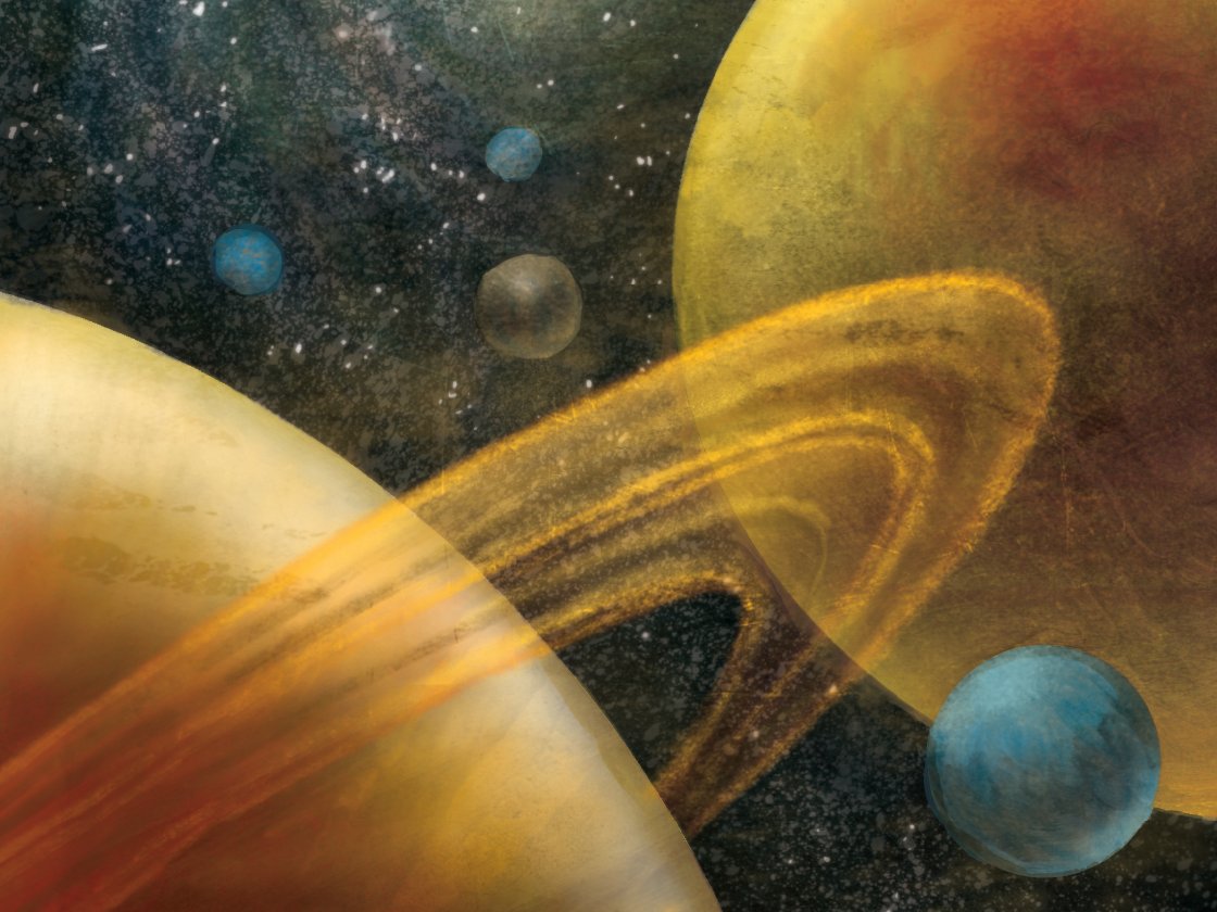 Illustration of a vibrant cosmic scene with multiple planets, including a large ringed planet, set against a starry space background.