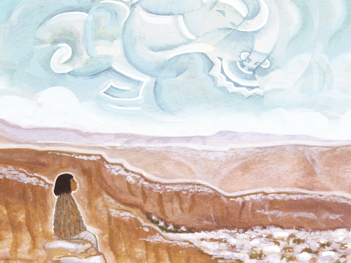 A person with long hair, viewed from behind, stares at a large, swirling cloud above a desert landscape in a watercolor painting.