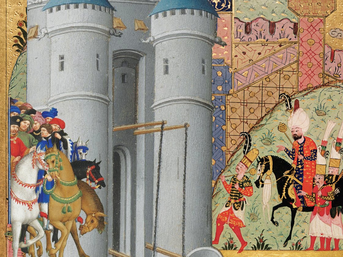 Medieval manuscript illustration depicting a castle siege with knights on horseback and a diverse group of soldiers, set against a detailed, patterned background.