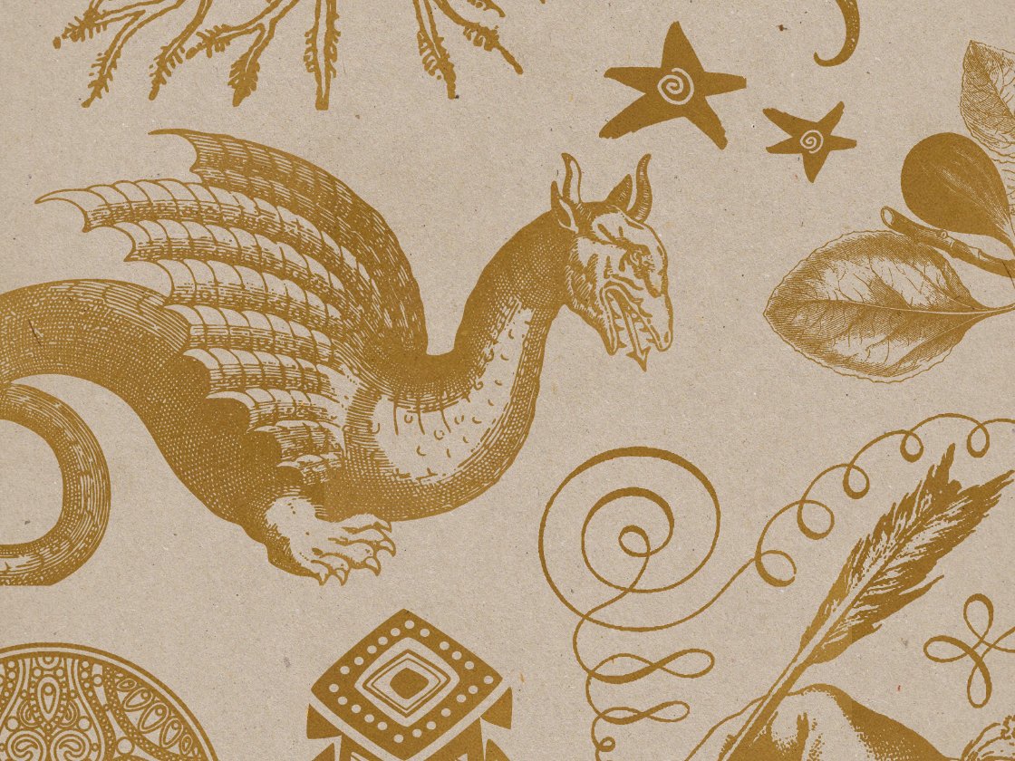 Illustration of a mythical dragon surrounded by various decorative elements like leaves, swirls, and geometric shapes on a textured beige background.