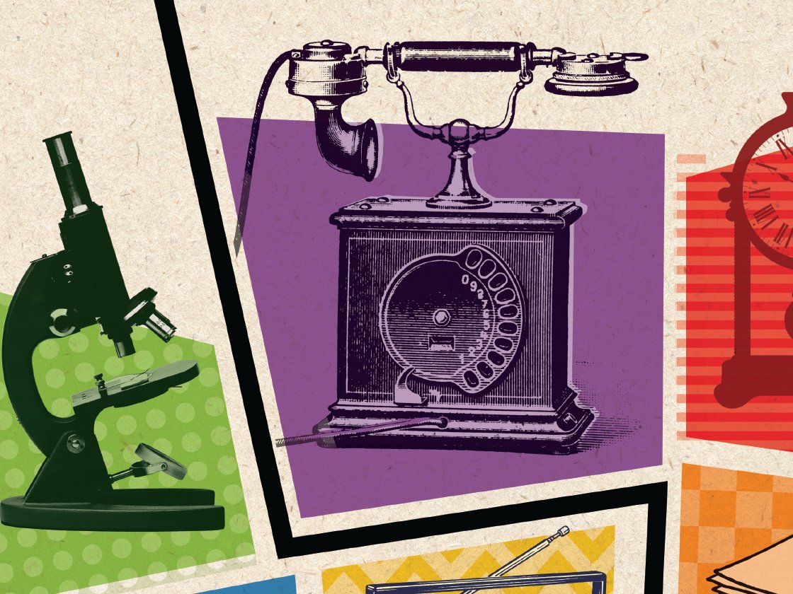 Vintage styled illustrations of a microscope, an old telephone, and a clock on textured background with geometric patterns.