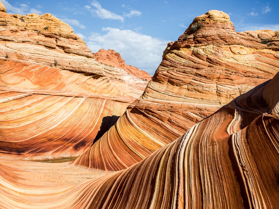 Wavy, multicolored sandstone rock formations under a blue sky with clouds at the wave in arizona.