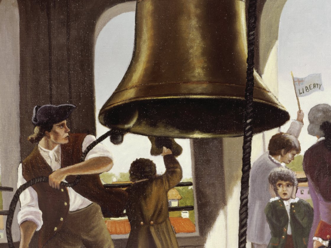 A historical painting depicting men in colonial attire ringing the liberty bell, with onlookers including a child holding a 