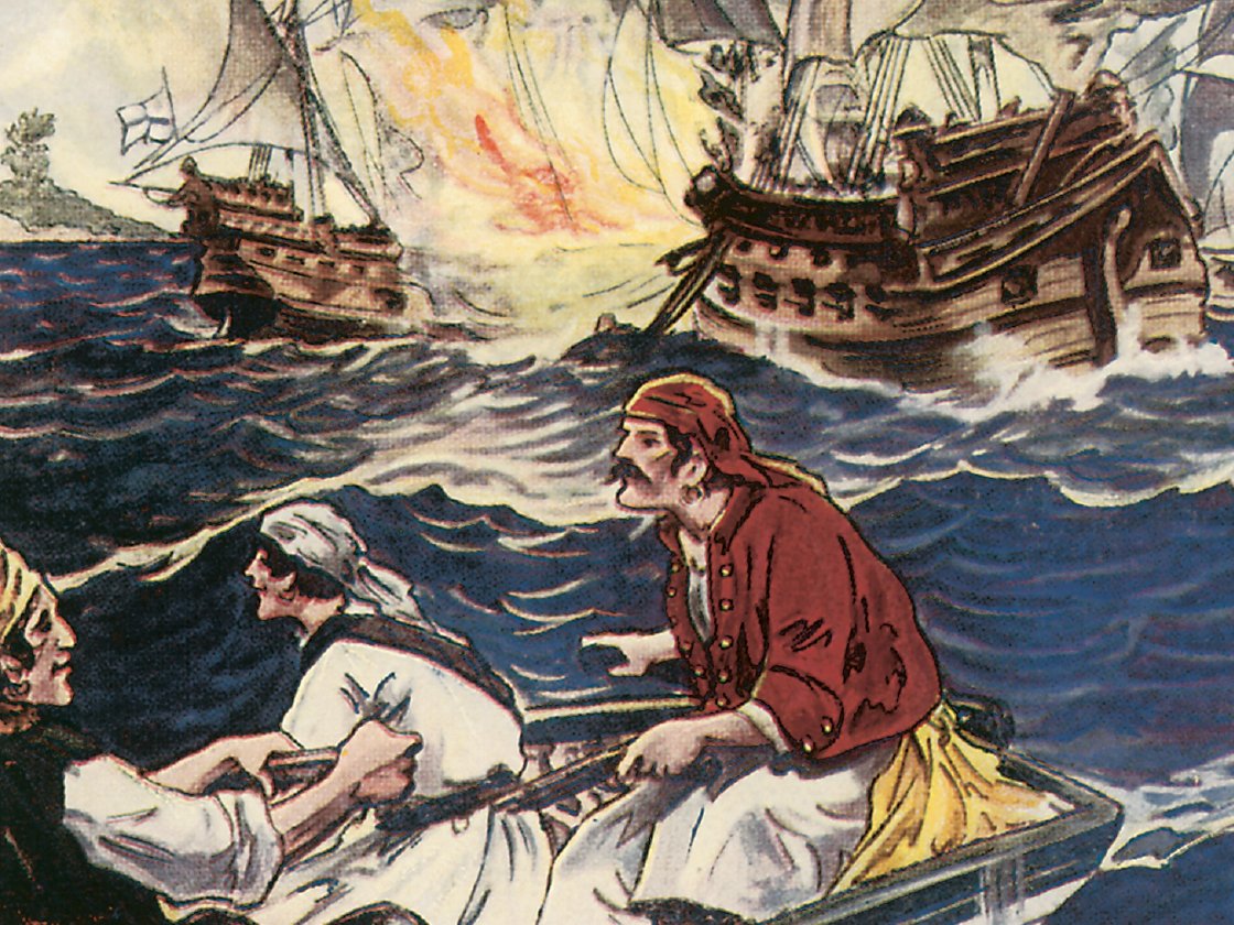 Illustration of sailors in a rowboat near ships engaged in a naval battle, depicting turbulent sea and fire on a ship in the background.