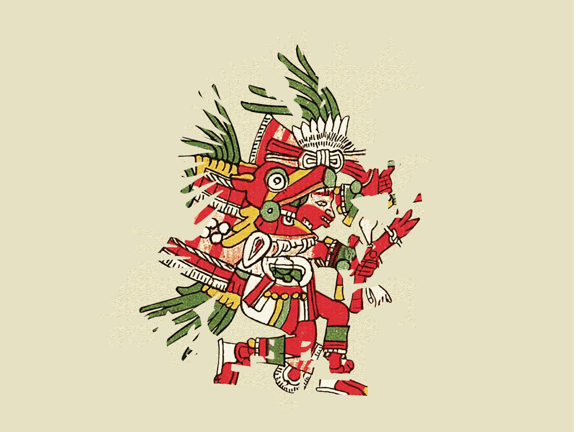 Illustration of a colorful aztec deity adorned with elaborate ceremonial attire, including headdress and ornaments, set against a beige background.