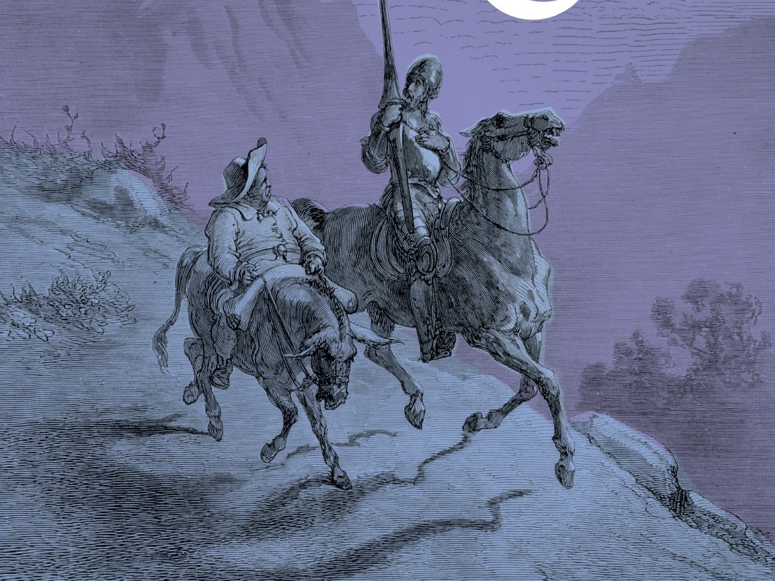 Two medieval knights on horseback galloping across rugged terrain, depicted in a classic, detailed engraving style with a monochromatic color scheme.