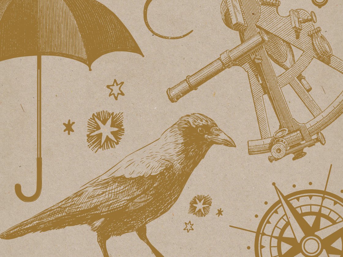 Vintage-style illustration of a crow with an umbrella, sextant, and compass on a textured beige background with stars.