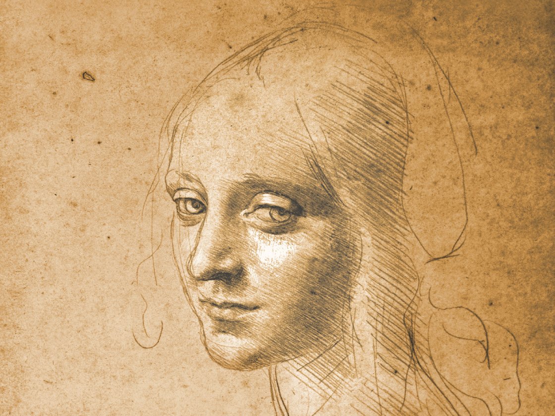 Sketch of a woman's face with detailed shading on aged paper, showcasing classical drawing techniques.