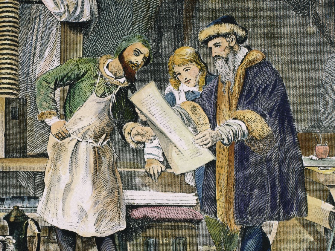 A historical illustration depicting three people from the renaissance era examining a document in a workshop setting.