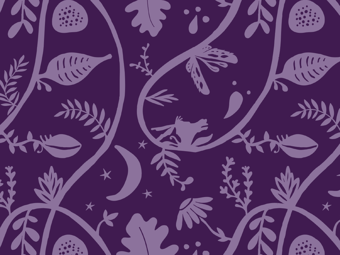 A seamless pattern with vines, leaves, moons, and abstract shapes in various shades of purple on a dark purple background.