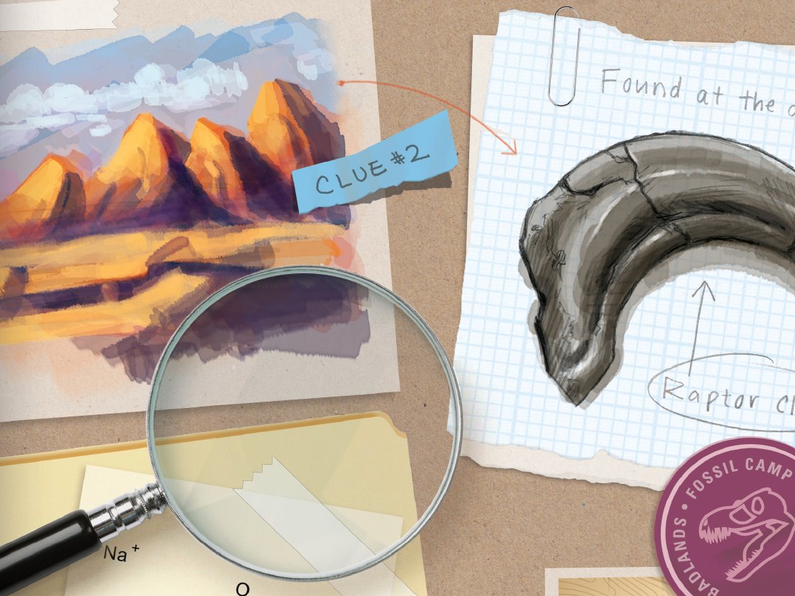 Illustration of a detective's desk with clues related to paleontology, including a magnifying glass, a fossil, notes, and a painting of mountains.