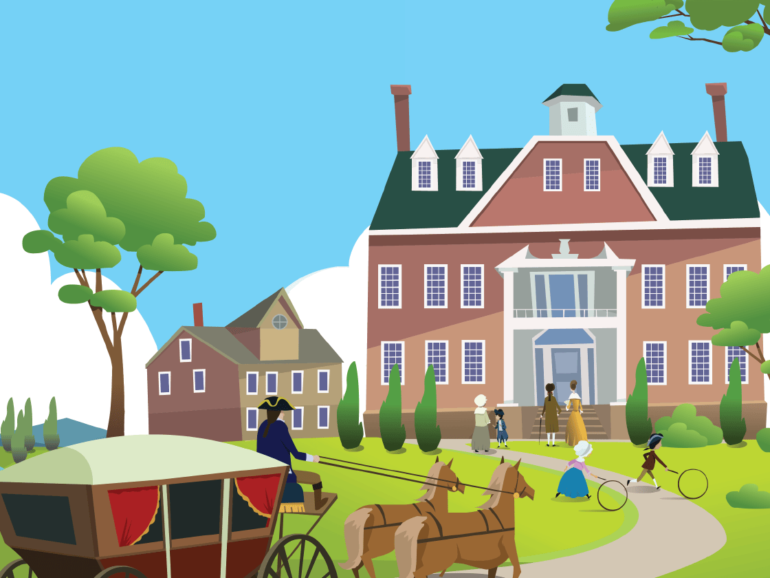 Illustration of a busy 18th-century village scene with people in period attire, a horse-drawn carriage, and colonial-style buildings.
