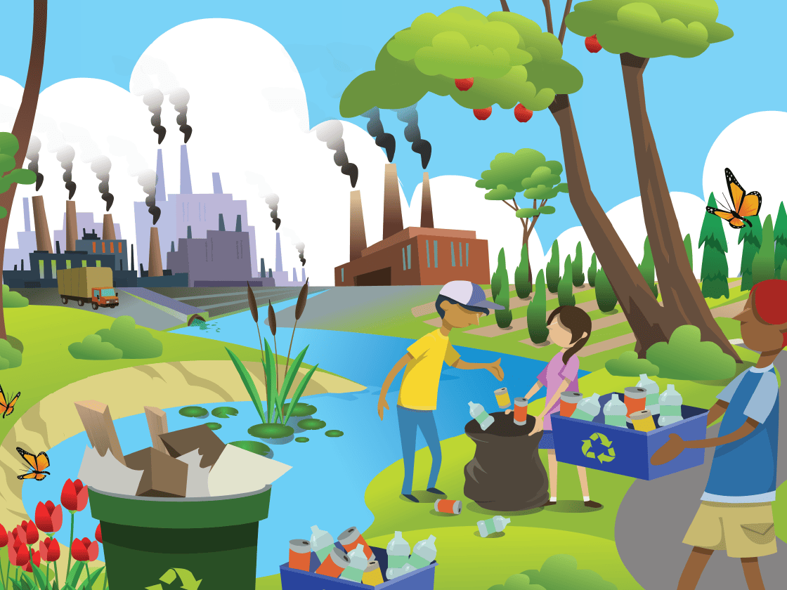 Illustration of people recycling in a park with a factory emitting smoke in the background, contrasting natural beauty with industrial pollution.