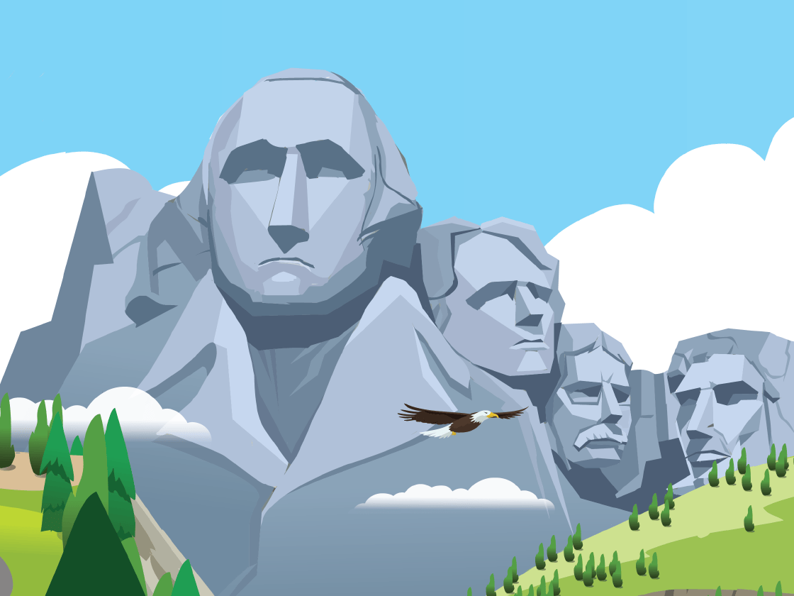 Illustration of mount rushmore with clear skies and an eagle flying in the foreground.