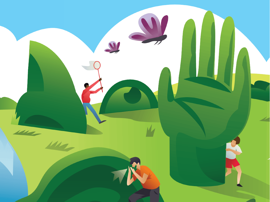 Illustration of people in a park with oversized hands and butterflies, featuring a photographer, a jogger, and another person catching a butterfly with a net.