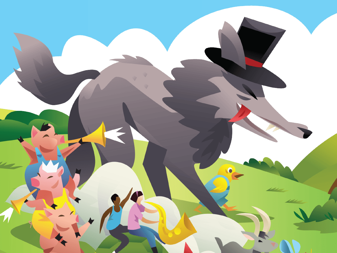 Illustration of a large wolf in a top hat howling, surrounded by small, frightened fairy tale characters including little red riding hood and a scared duck.